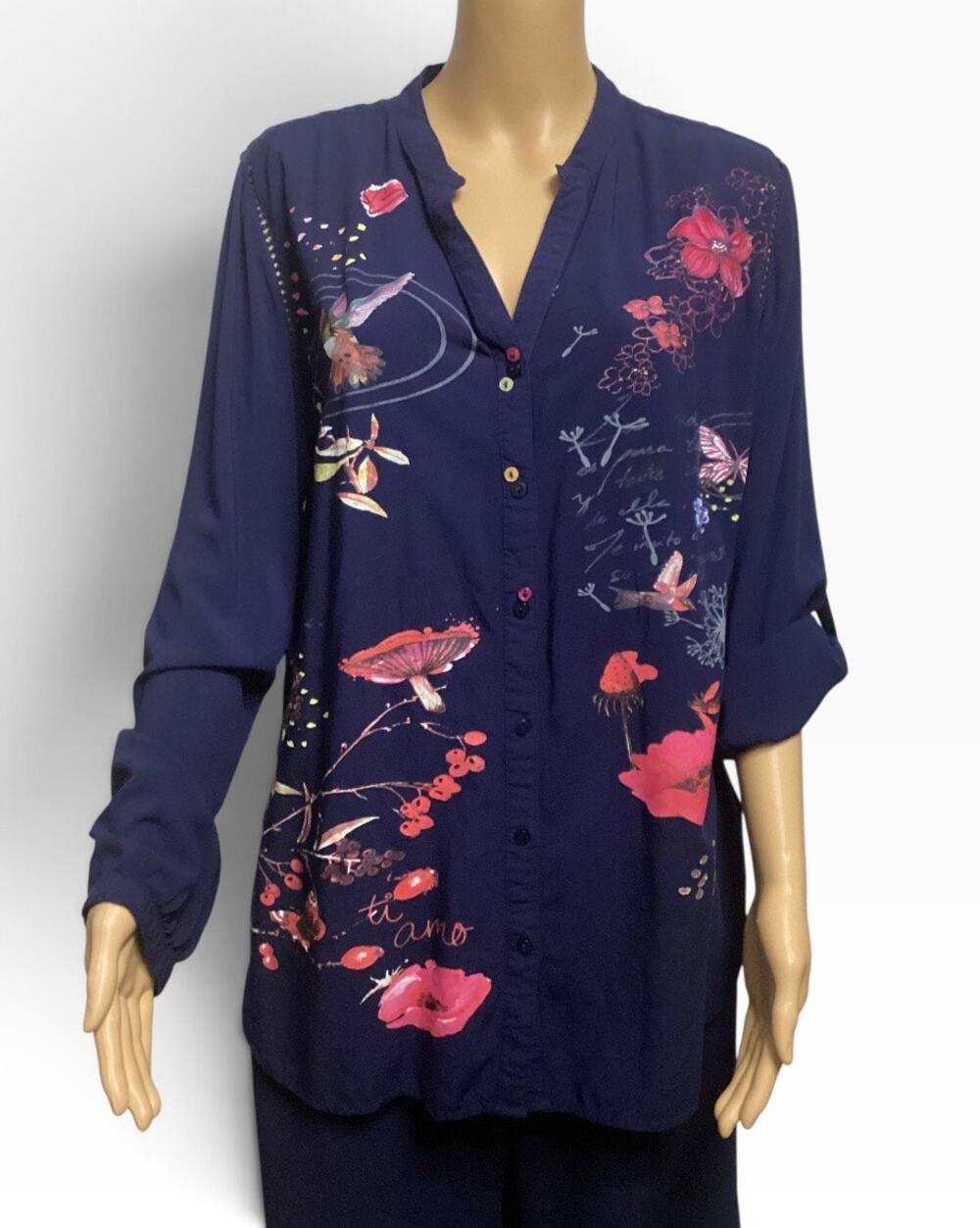 Desigual Women's Navy Blue Floral & Hummingbird Button-Up Blouse sz XL